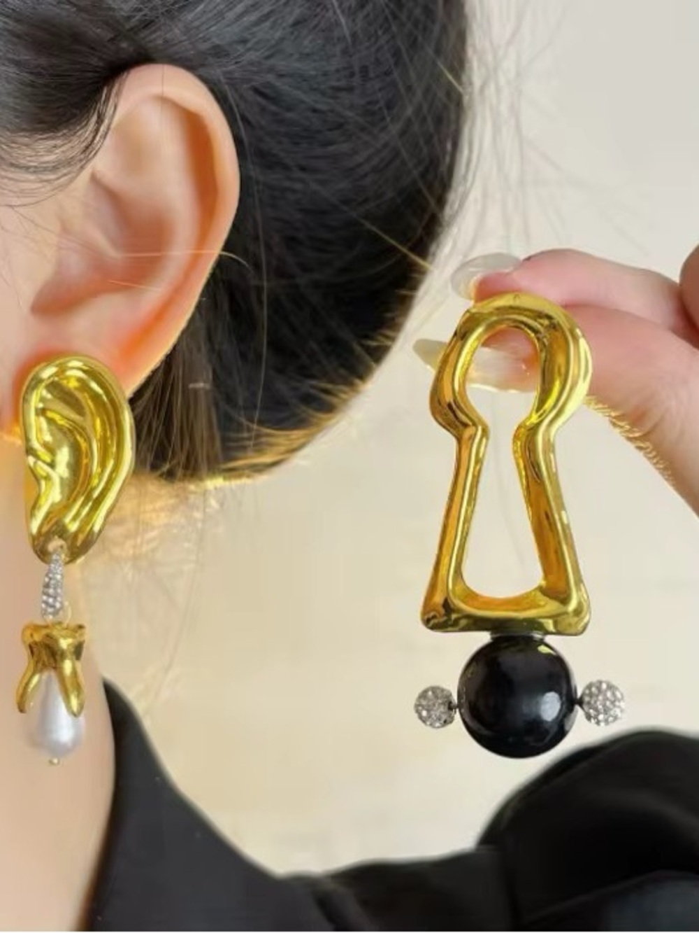 Gold-Tone Asymmetrical Ear & Keyhole Drop Earrings with Black and Pearl Accents - Picture 3 of 5